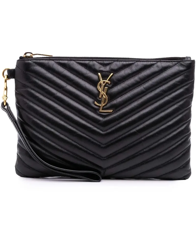 Saint Laurent Clutches Chevron Leather Monogram Zip A5 Wristlet Pouch schwarz Schwarz