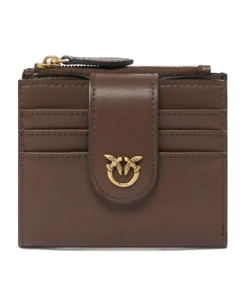 Pinko Portemonnaie Compact Calf Leather Wallet With Gold-Tone Emblem grau Grau