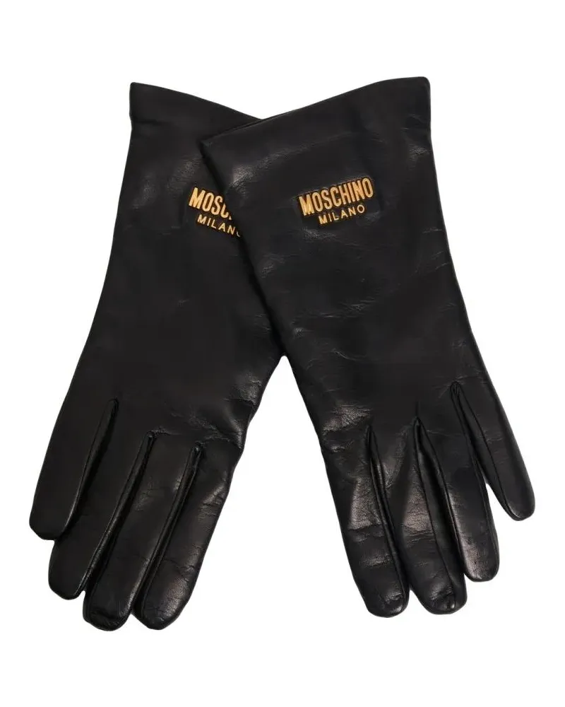 Moschino Handschuhe Black Leather Gloves With Logo Detail schwarz Schwarz