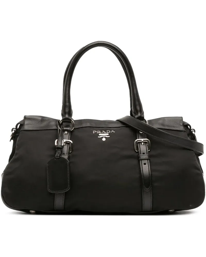 Prada Hobo Bags Soft Calf Trimmed Tessuto Zip Top Satchel schwarz Schwarz