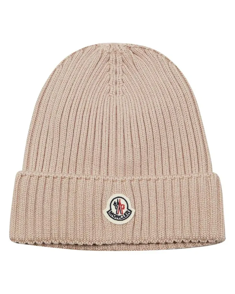 Moncler Caps & Mützen Ribbed Knit Beanie With Central Logo Patch beige Beige