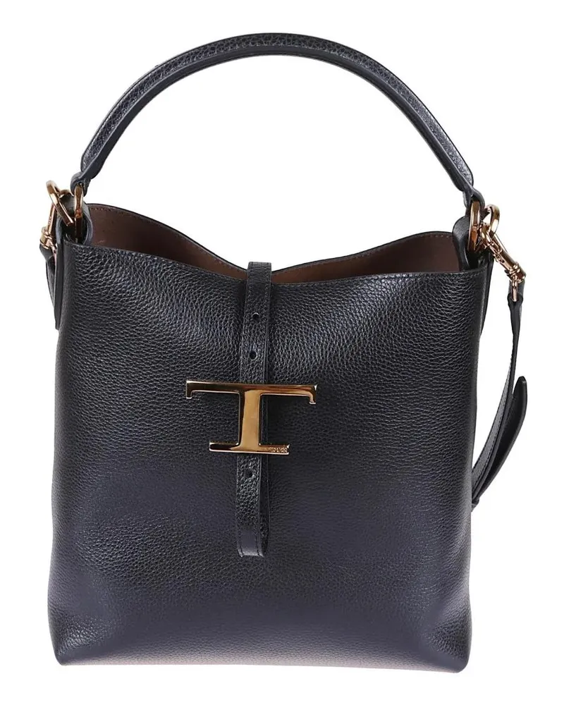 TOD'S Hobo Bags Hammered Leather Shoulder Bag With T Pendant schwarz Schwarz