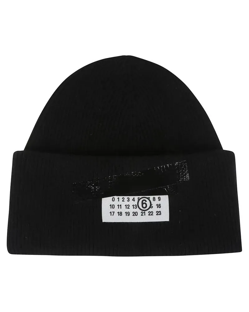 Maison Margiela Caps & Mützen Ribbed Knit Wool Beanie With Folded Cuff And Label schwarz Schwarz
