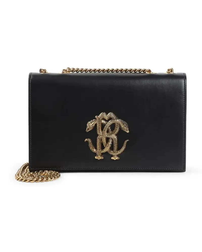 Roberto Cavalli Hobo Bags Black Leather Shoulder Bag With Gold-Tone Logo schwarz Schwarz