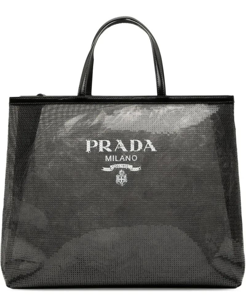 Prada Shopper Large Sequined Mesh Logo Tote schwarz Schwarz