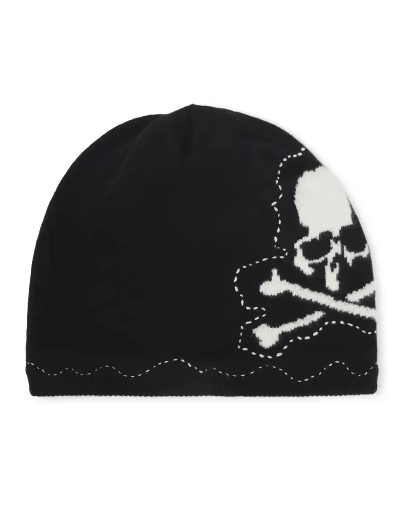 Mastermind Japan Caps & Mützen Ribbed Black Wool Beanie With Iconic Skull Pattern schwarz Schwarz