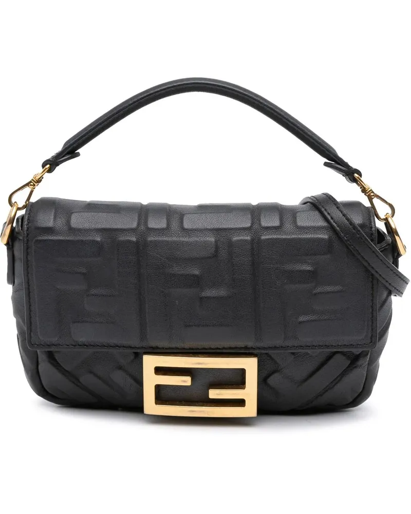 Fendi Hobo Bags Mini Zucca Embossed Leather Baguette Satchel schwarz Schwarz