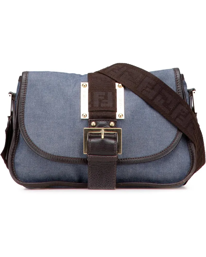 Fendi Hobo Bags Zucca Trimmed Denim Buckle Flap Bag blau Blau