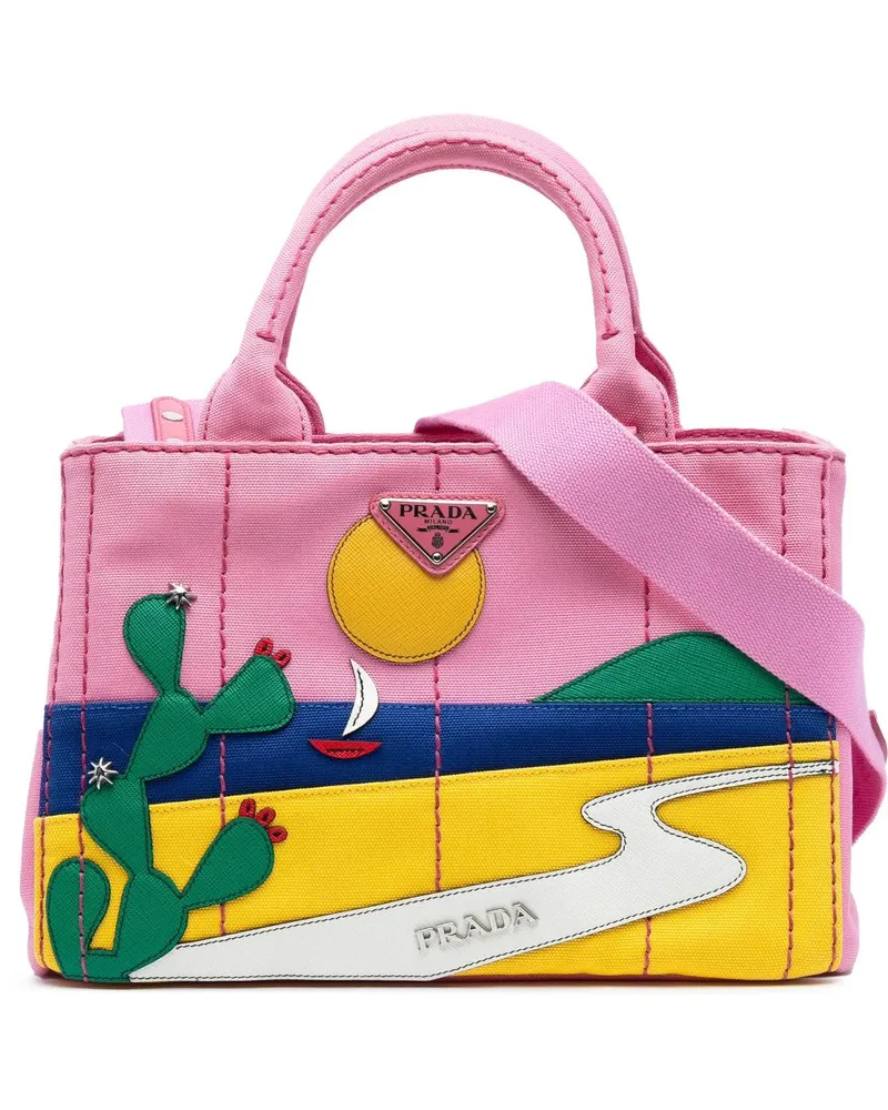 Prada Hobo Bags Small Canvas Canapa Desert Motif Patch Satchel rosa Gold