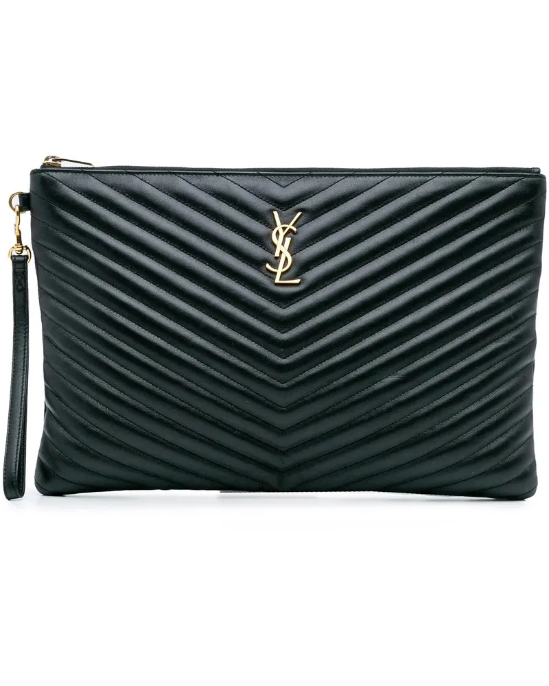 Saint Laurent Clutches 2017 Leather Chevron Monogram Document Holder schwarz Schwarz
