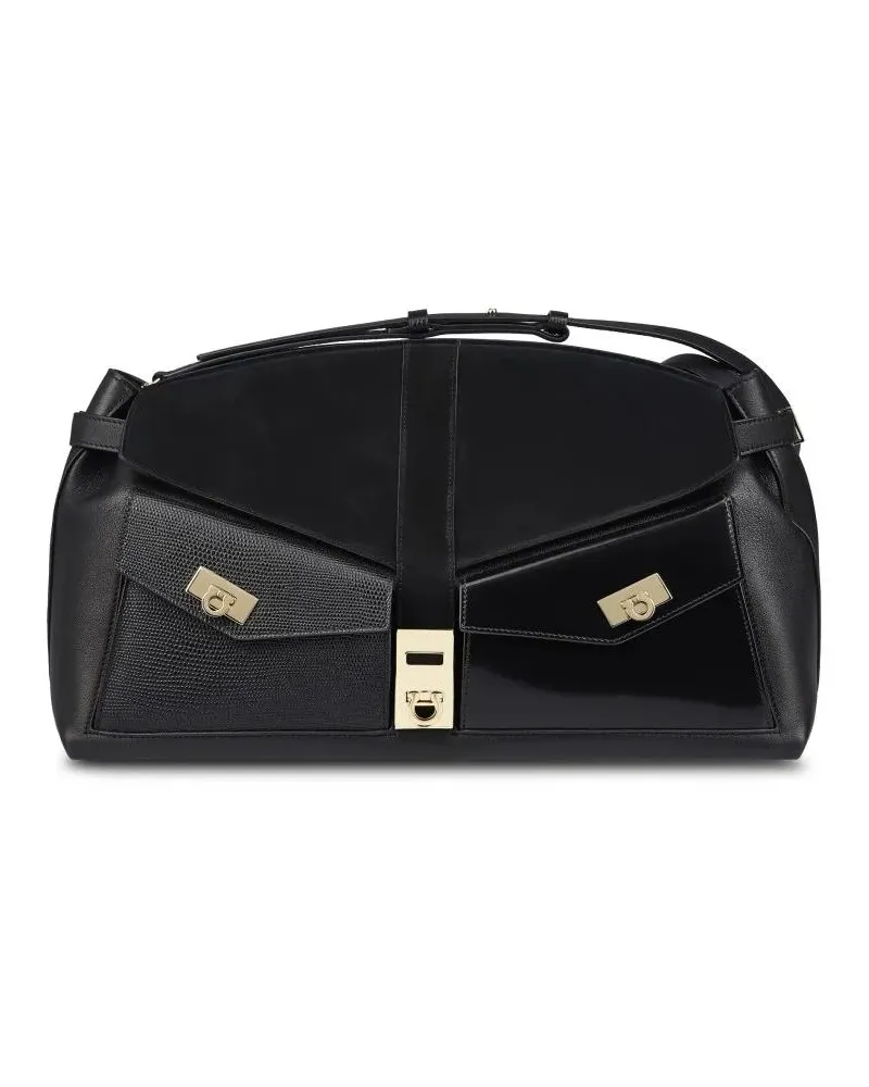 Ferragamo Hobo Bags Structured Black Pouch With Textured Panels schwarz Schwarz