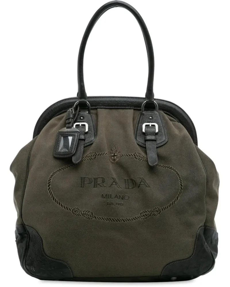 Prada Shopper Leather Trimmed Canvas Canapa Logo Frame Tote braun Braun