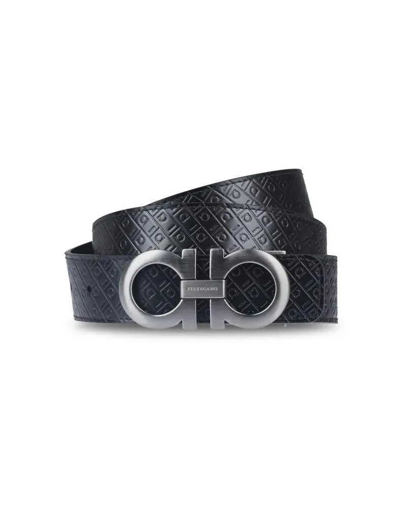 Ferragamo Gürtel Textured Black Calfskin Belt With Distinctive Logo grau Grau