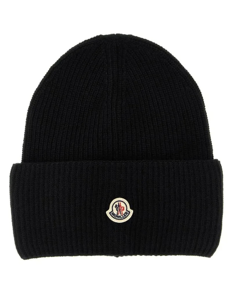 Moncler Caps & Mützen Ribbed Knit Carded Wool Beanie With Felt Logo Patc schwarz Schwarz