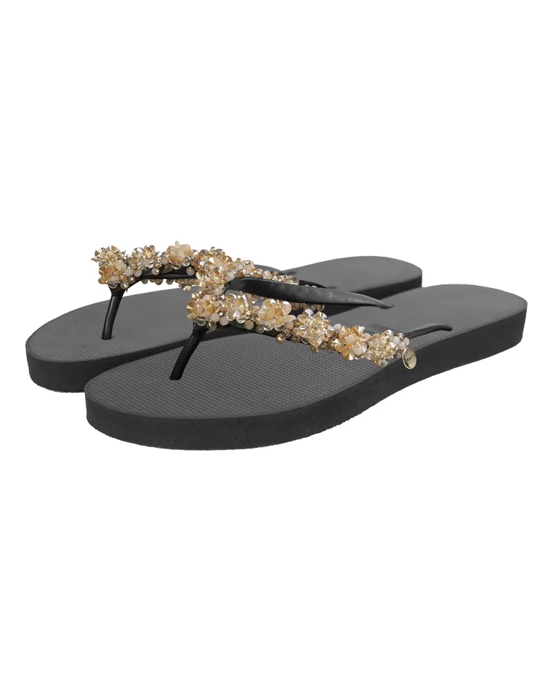 uzurii Slipper & Pantoletten Zehentrenner Precious Bloom Gold schwarz Schwarz