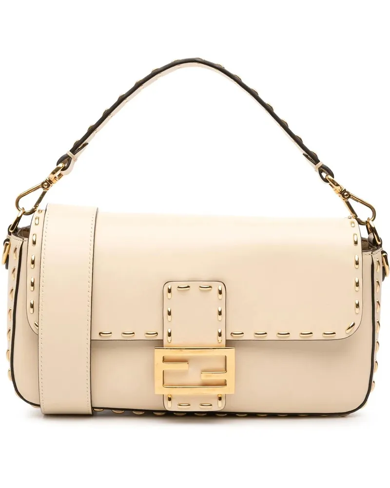 Fendi Hobo Bags Leather Metal Stitch Baguette Satchel braun Braun