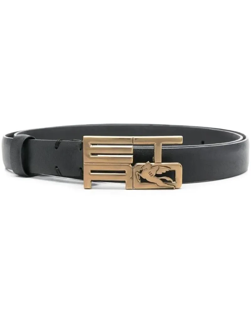 Etro Gürtel Elegant Black Leather Belt With Gold-Tone Buckle schwarz Schwarz