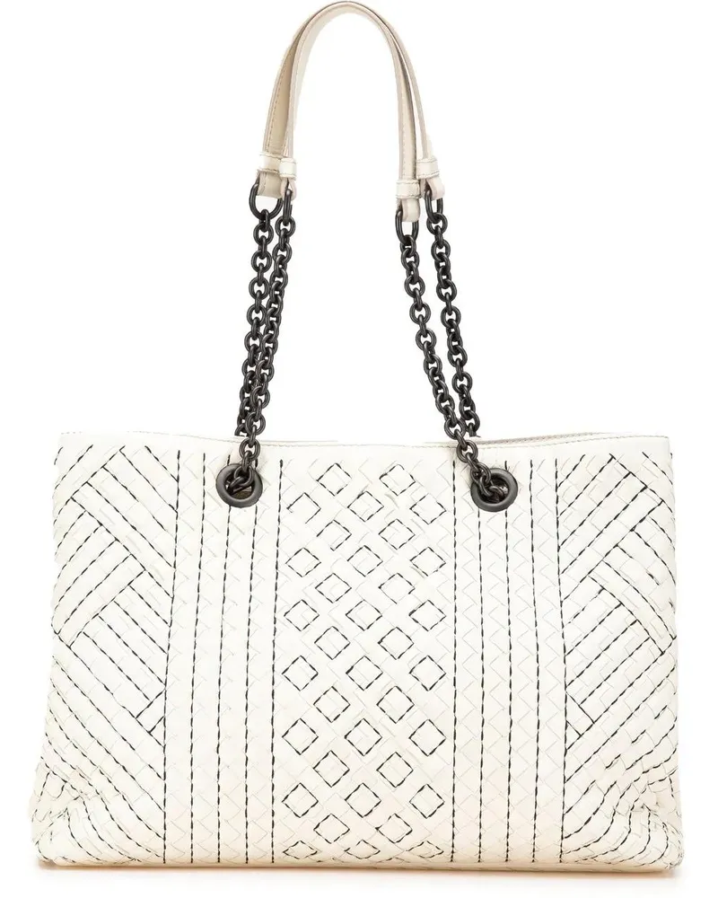 Bottega Veneta Shopper Medium Intrecciato Stitched Double Chain Tote weiß Weiß
