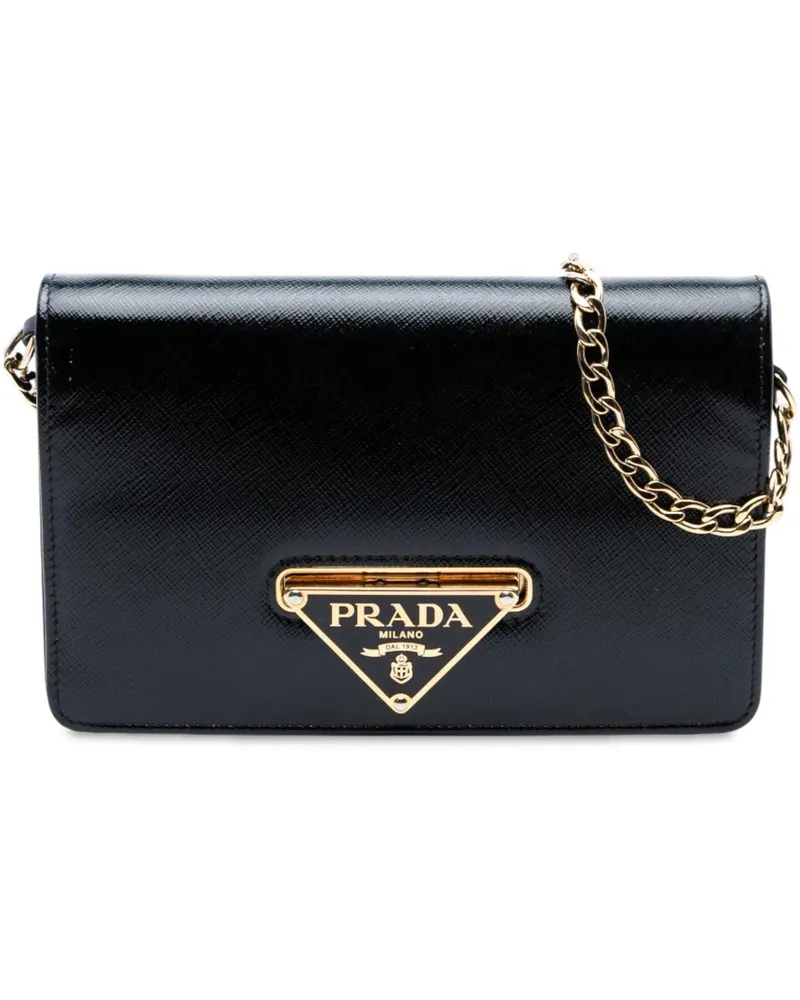 Prada Hobo Bags Saffiano Vernice Flip Lock Wallet on Chain Clutch schwarz Schwarz