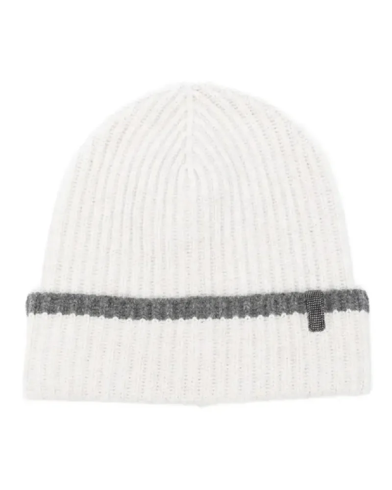 Brunello Cucinelli Caps & Mützen Ribbed Knit Beanie With Contrasting Stripe Detail weiß Weiß