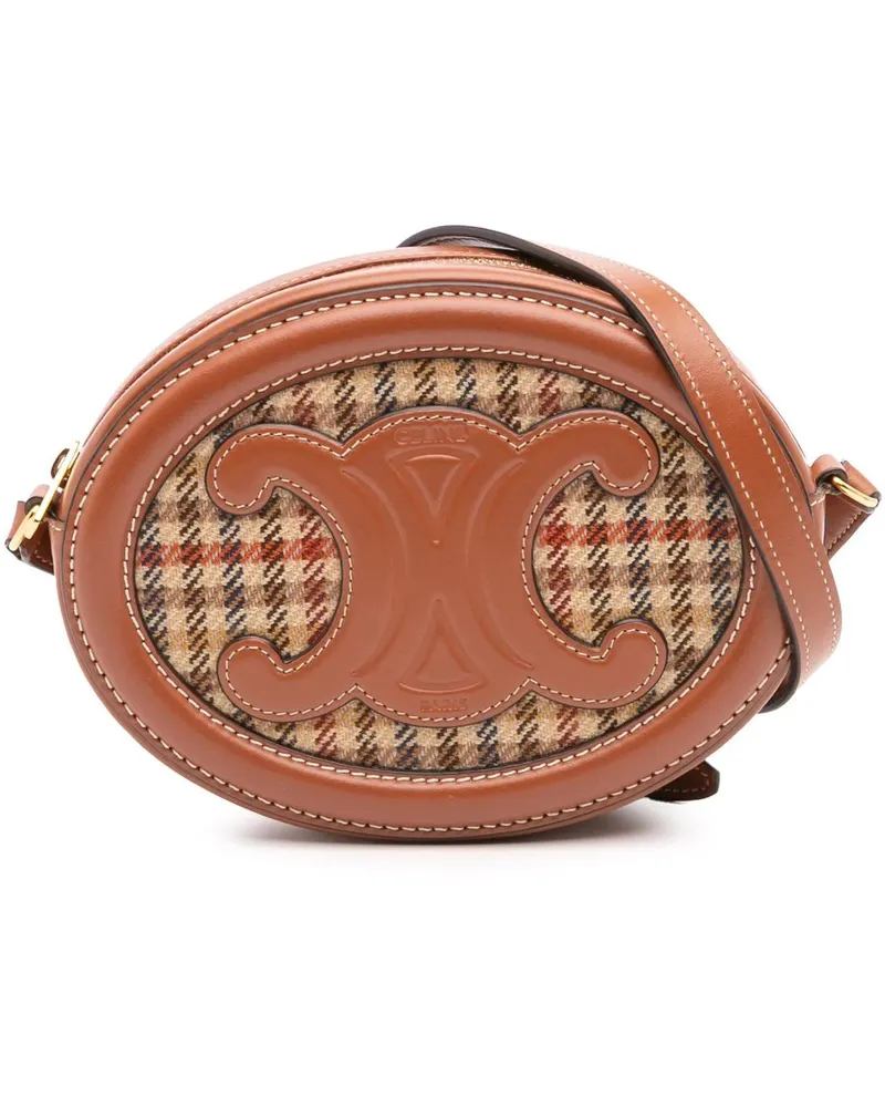 Celine Hobo Bags Small Houndstooth Canvas and Calfskin Cuir Triomph braun Braun