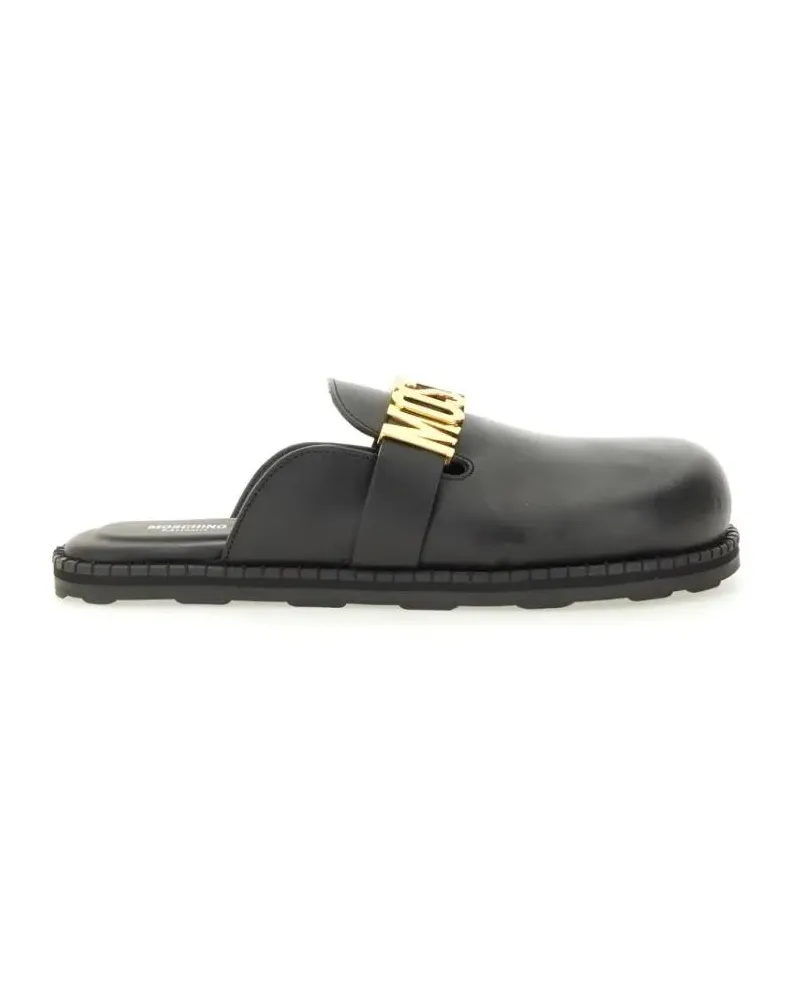 Moschino Slipper & Pantoletten Black Leather Sabot Flats schwarz Schwarz