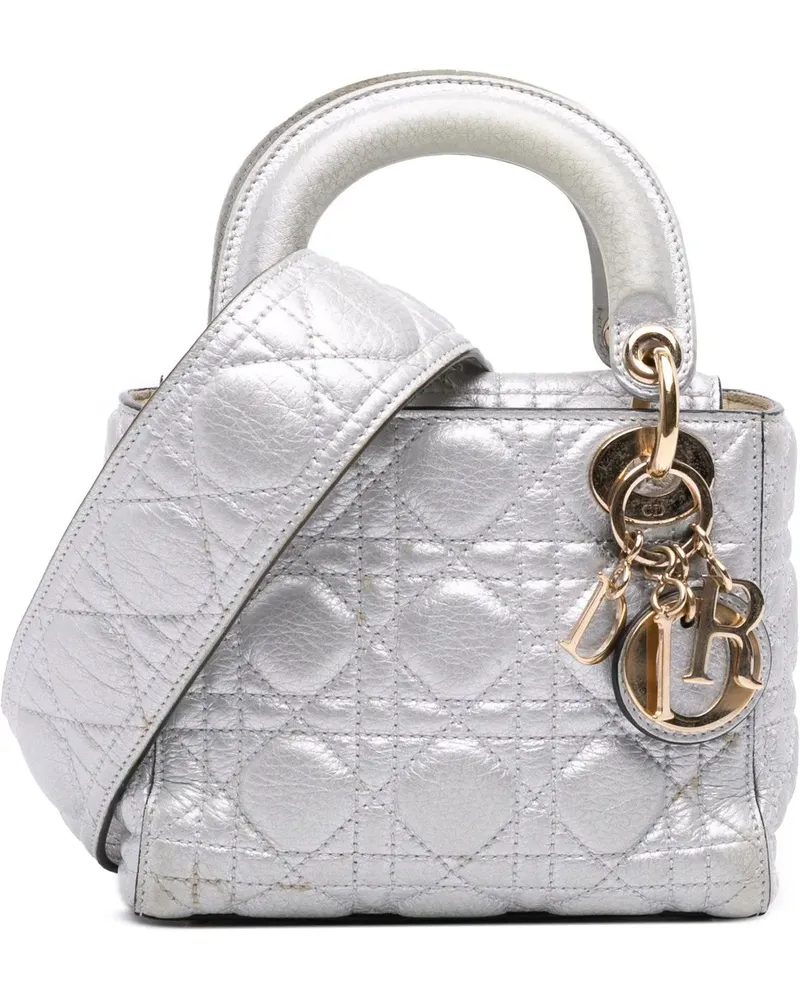 Dior Hobo Bags Mini Metallic Grained Calfskin Cannage Lady Dior silberfarben Silber