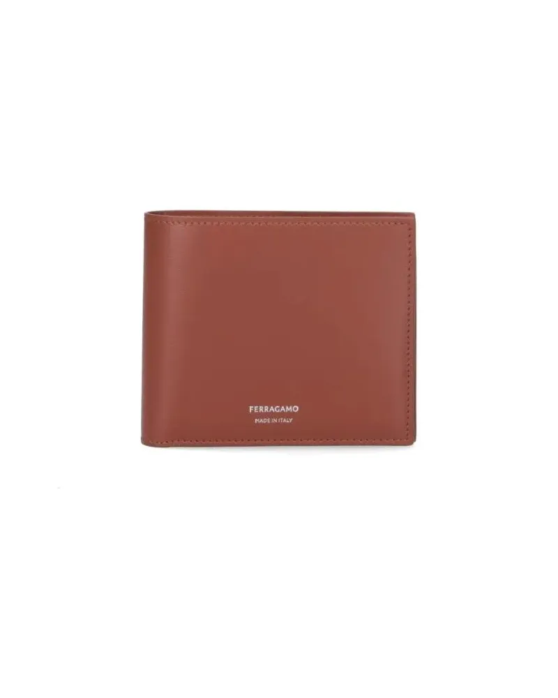 Ferragamo Portemonnaies Brown Calfskin Leather Wallet With Embossed Logo braun Braun