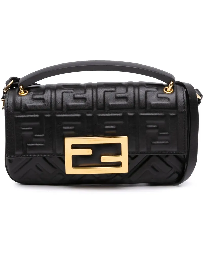Fendi Hobo Bags Zucca Embossed Leather Baguette Phone Pouch Satche schwarz Schwarz