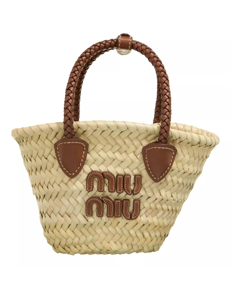 Miu Miu Tote Logo Lettering Straw Tote Bag Beige