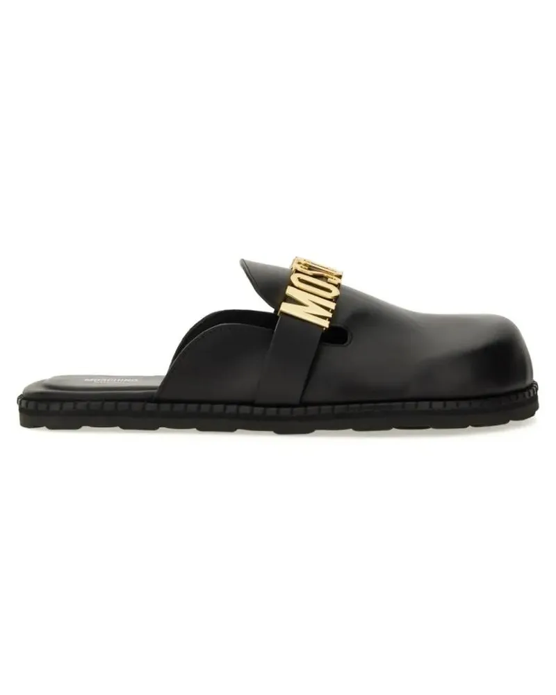 Moschino Loafer Black Leather Sandal With Bold Logo schwarz Schwarz