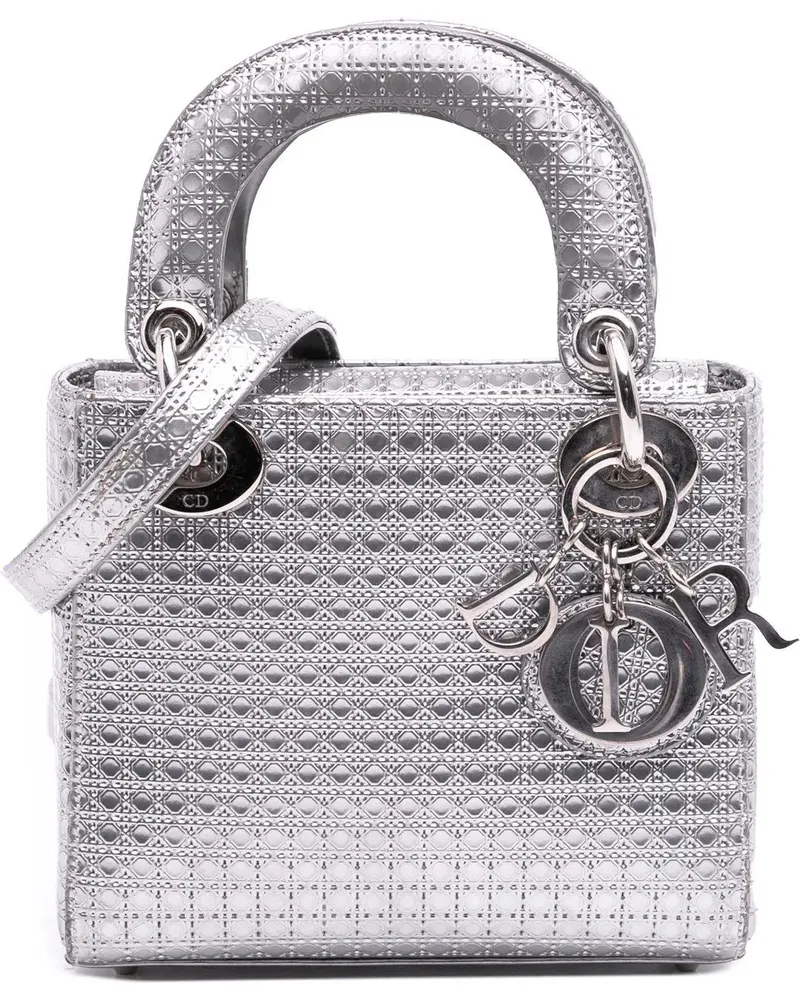 Dior Hobo Bags Mini Metallic Patent Microcannage Lady Dior silberfarben Silber