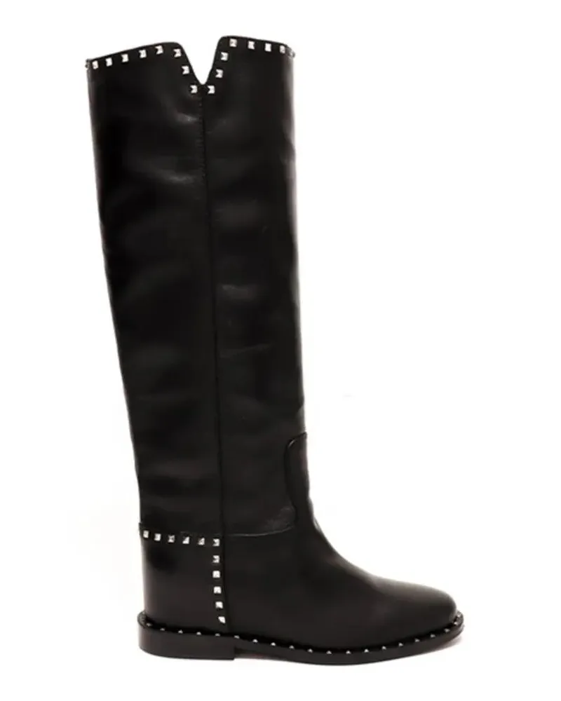 Via Roma 15 Stiefel High Black Leather Boots With Silver Stud Accents schwarz Schwarz
