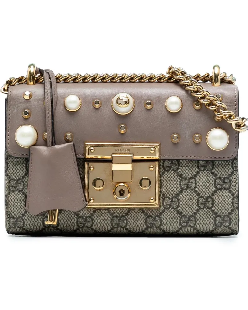 Gucci Hobo Bags Small GG Supreme Pearl Studded Padlock Crossbody braun Braun