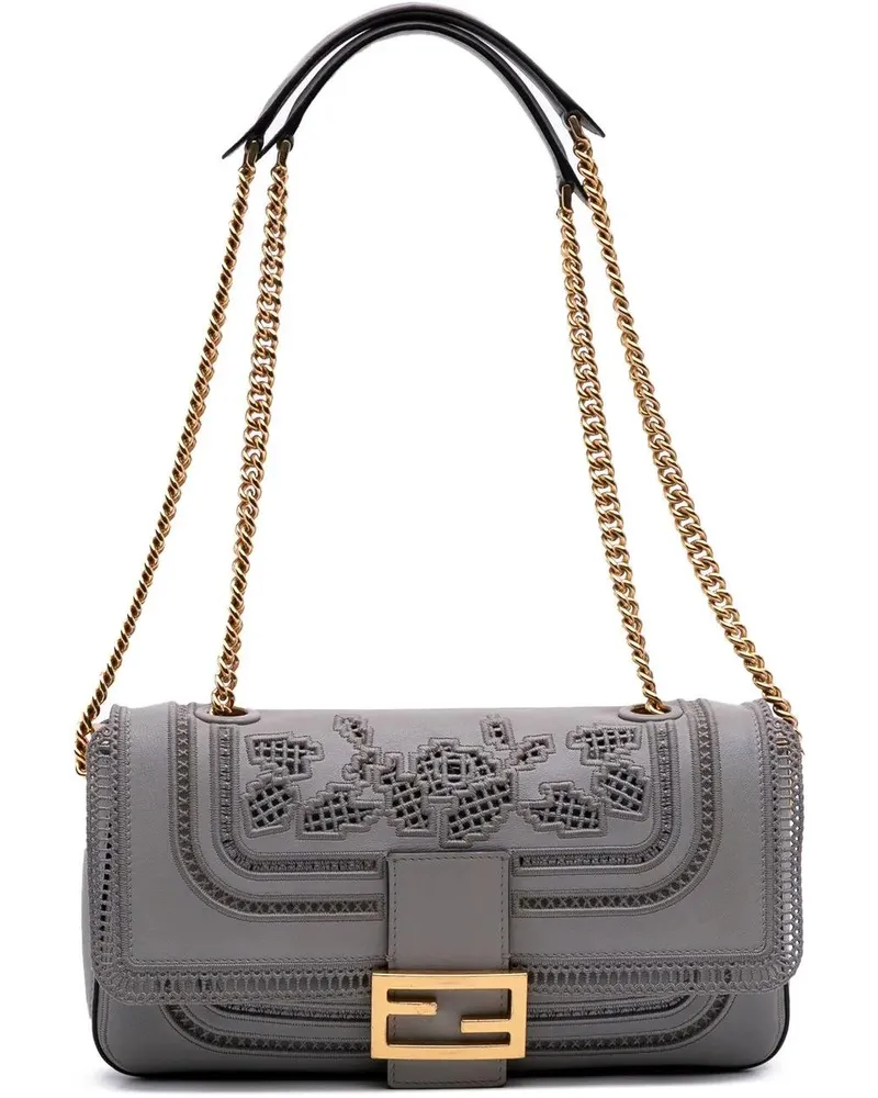 Fendi Hobo Bags Embroidered Lace Leather Baguette Chain grau Grau