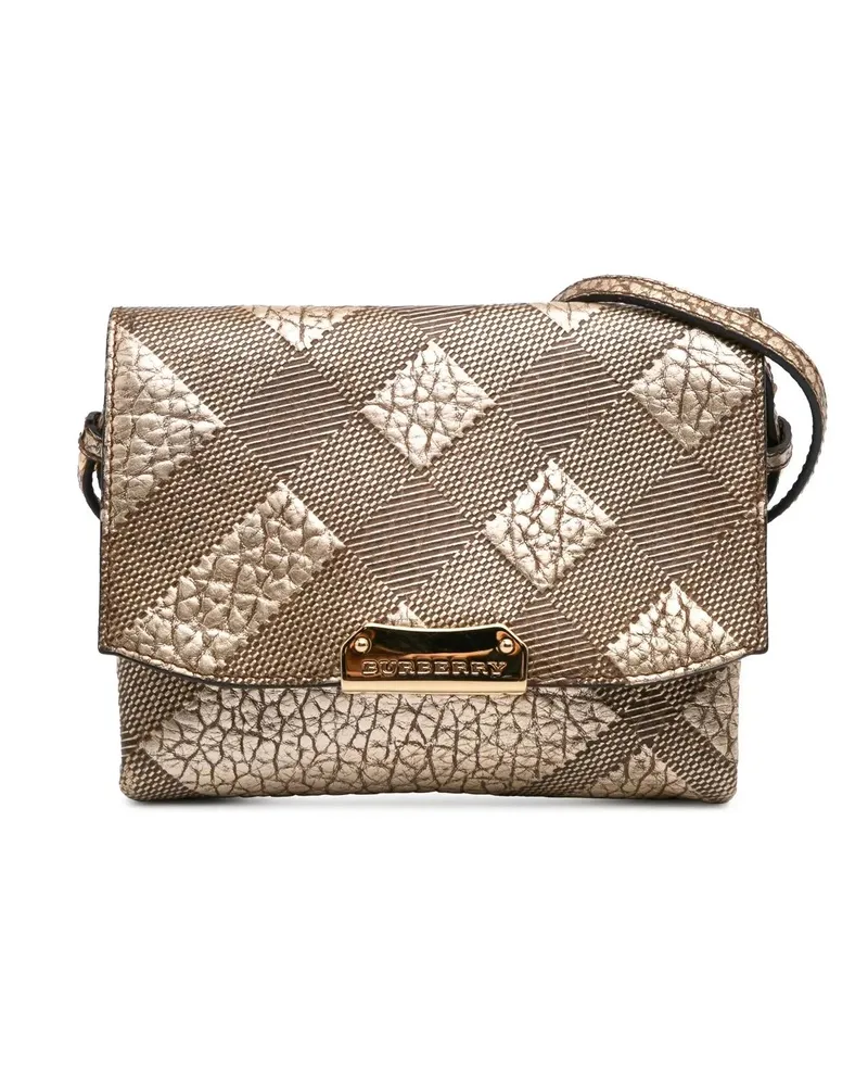 Burberry Hobo Bags Embossed Grain Check Leather Langley Crossbody goldfarben Gold