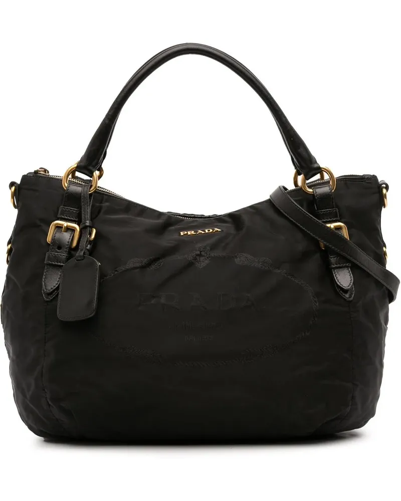Prada Hobo Bags Tessuto Canapa Logo Satchel schwarz Schwarz