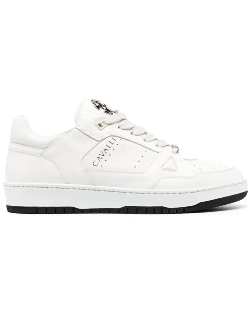 Roberto Cavalli Low-Top Sneaker Beige Leather Casual Trainers With Perforated Deta weiß Weiß
