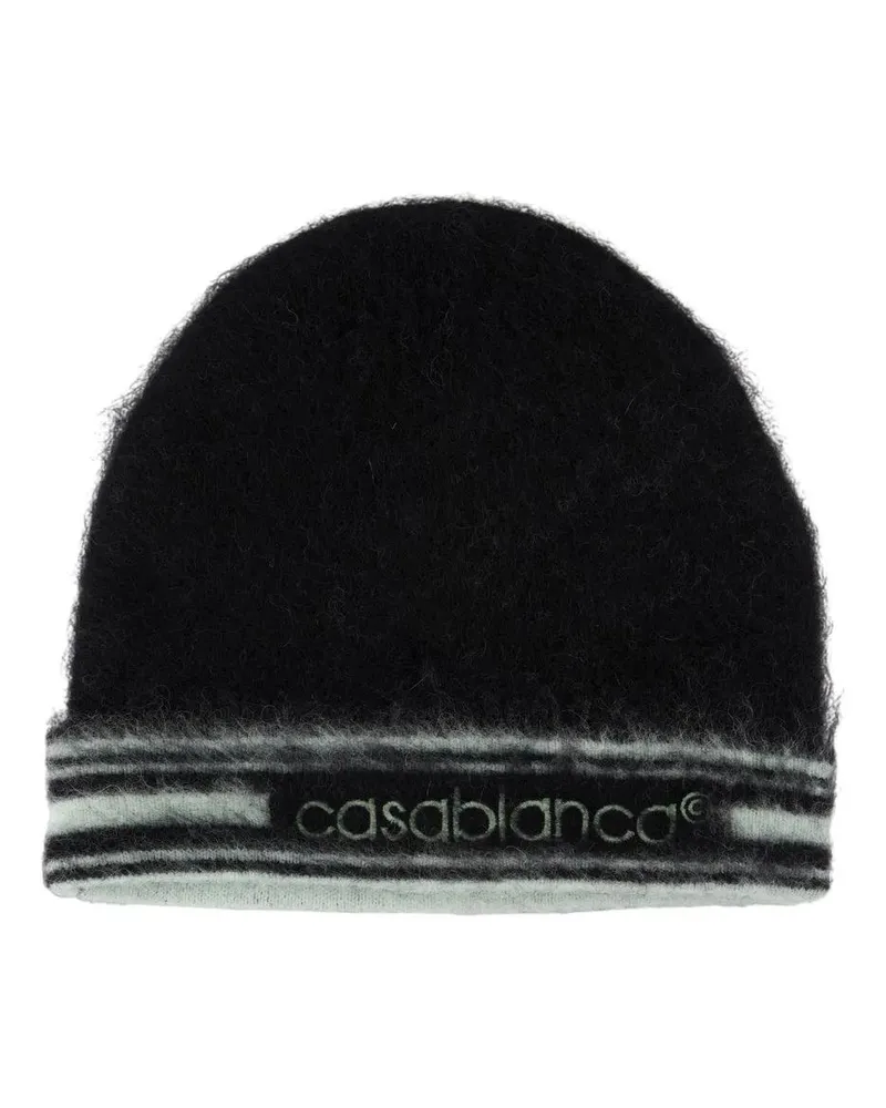 Casablanca Paris Caps & Mützen Fuzzy Black Mohair Beanie With Contrasting Stripes schwarz Schwarz