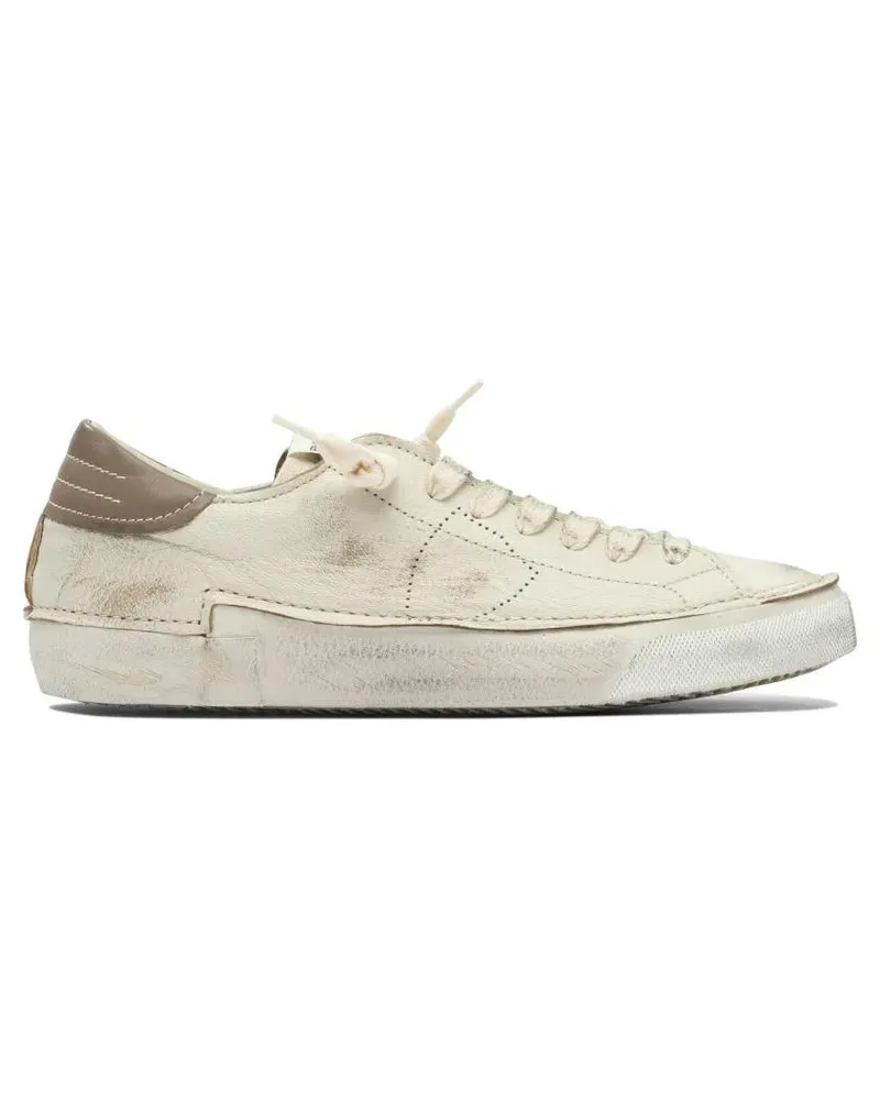 Philippe Model Low-Top Sneaker Distressed Off-White Leather Sneakers With Brown A beige Beige