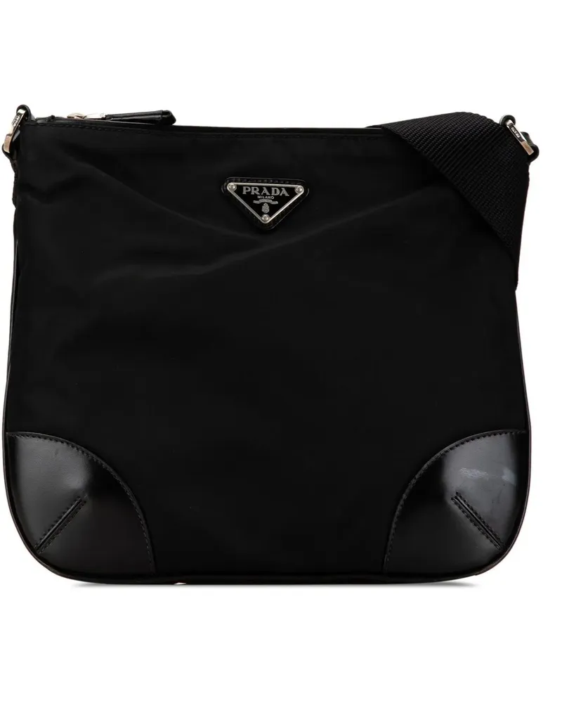 Prada Hobo Bags Saffiano Trimmed Tessuto Crossbody schwarz Schwarz