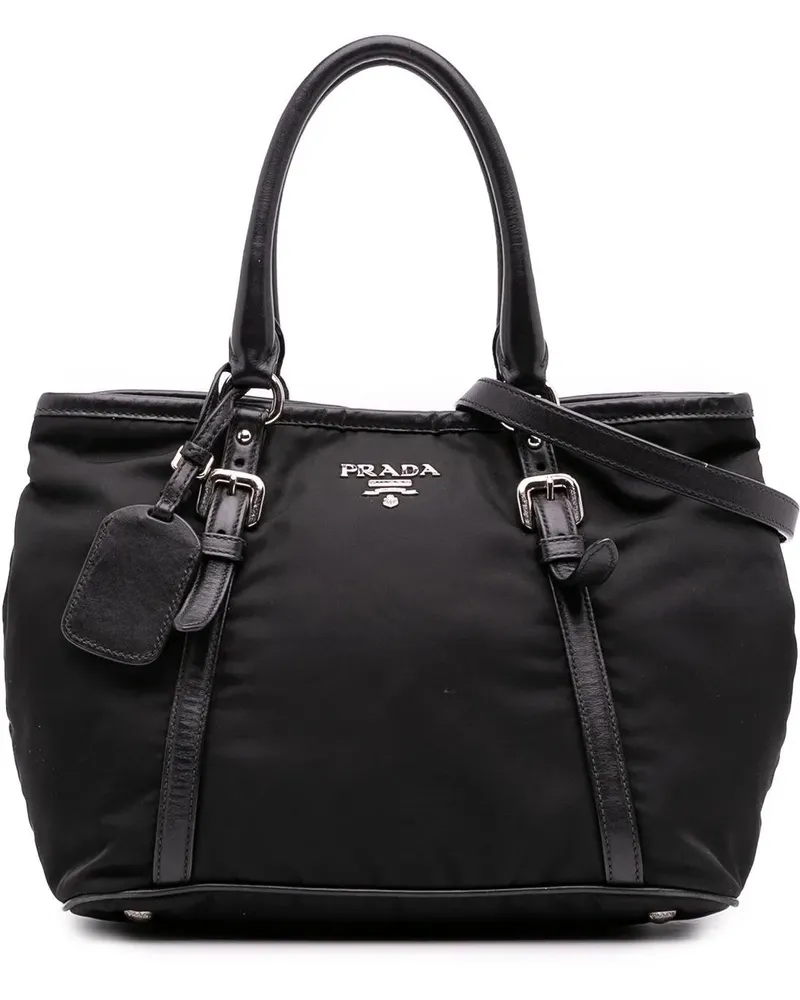 Prada Hobo Bags Vitello Trimmed Tessuto Satchel schwarz Schwarz