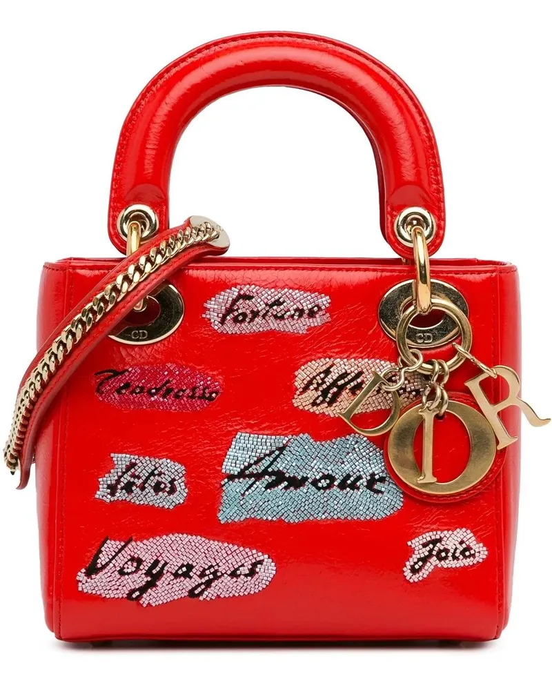Dior Hobo Bags 2016 Mini Calfskin Sequin Embellished Lady Dior rot Rot
