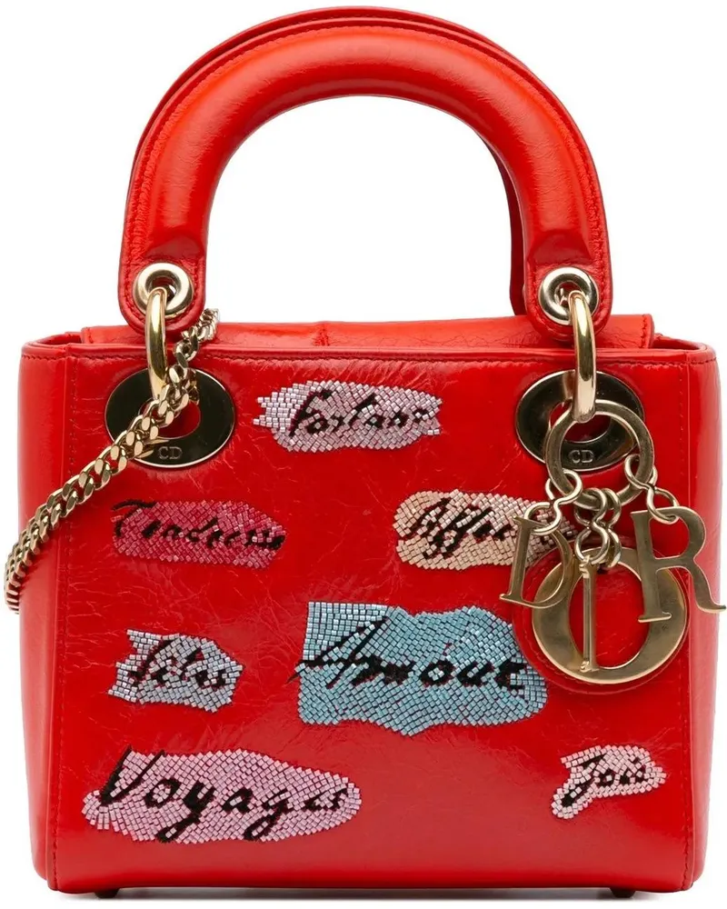 Dior Hobo Bags 2016 Mini Calfskin Sequin Embellished Lady Dior rot Rot