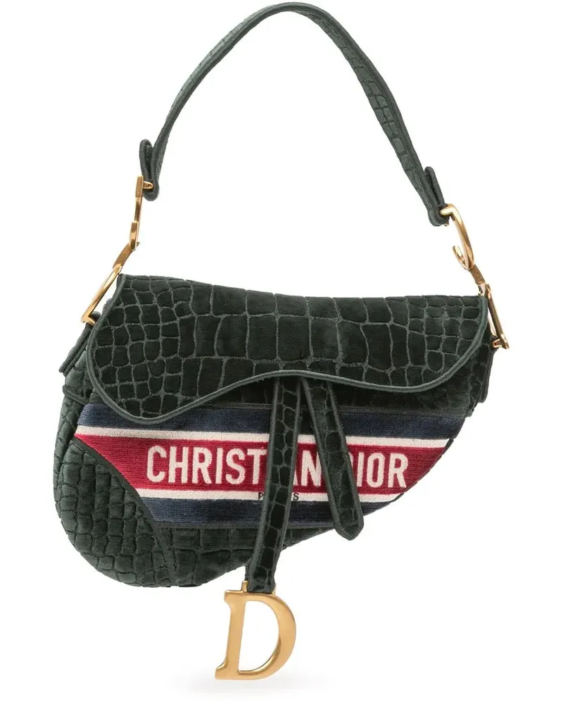Dior Hobo Bags Velvet Embroidered Crocodile Effect Saddle Bag grün Grün