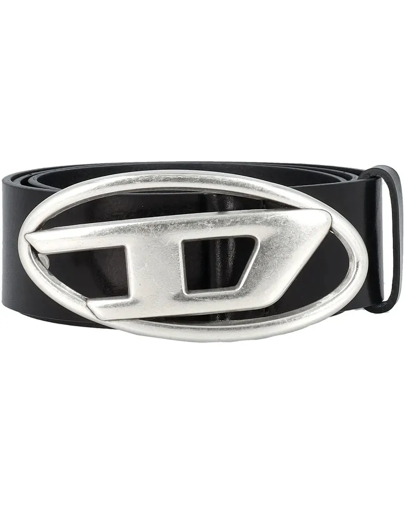 Diesel Gürtel Black Leather Belt With Adjustable Logo Buckle schwarz Schwarz