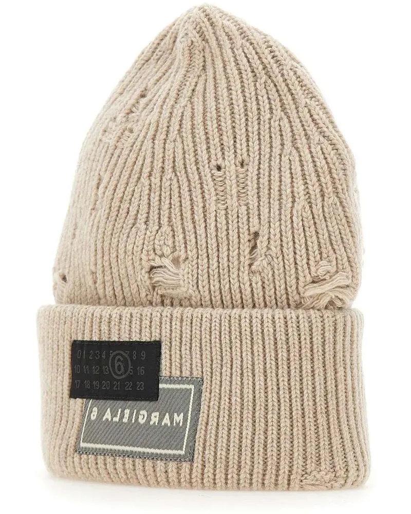 Maison Margiela Caps & Mützen Ribbed Knit Beanie With Folded Cuff And Decorative beige Beige