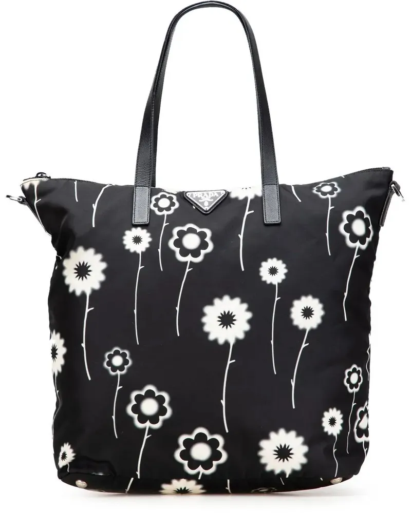 Prada Hobo Bags Tessuto Stampato Floral Satchel schwarz Schwarz