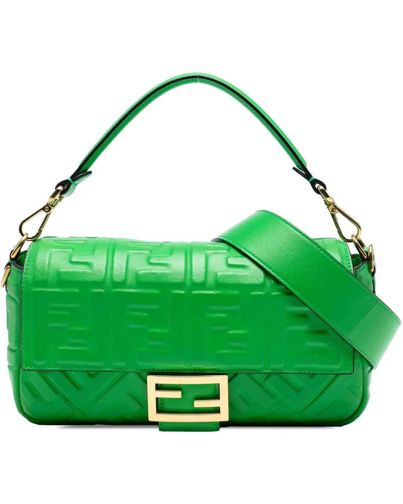 Fendi Hobo Bags Zucca Embossed Leather Baguette Satchel grün Grün