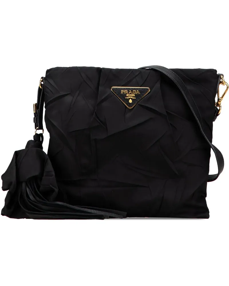 Prada Hobo Bags Tessuto Stropicciato Tassel Crossbody schwarz Schwarz